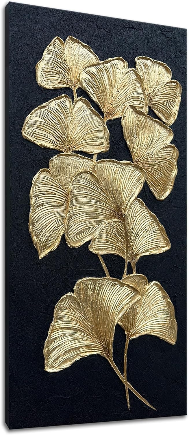 Slyart Large Gold Gingko Paintings Vertical Textured Wall Art, Gold and Black 3D Abstract Oil Painting on Canvas Wall Art Ready to Hang