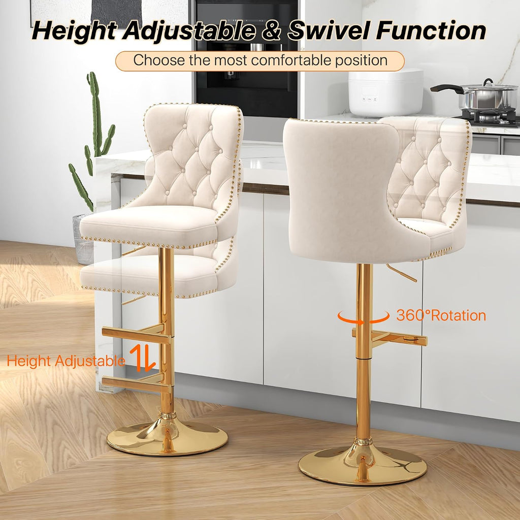 Bar Stools Set of 4, Velvet Swivel Counter Height Stools with Tufted Back, Adjustable Seat with Nailheads Trim, Upholstered Bar Chairs with Gold Base for Kitchen Island, Pub, Beige