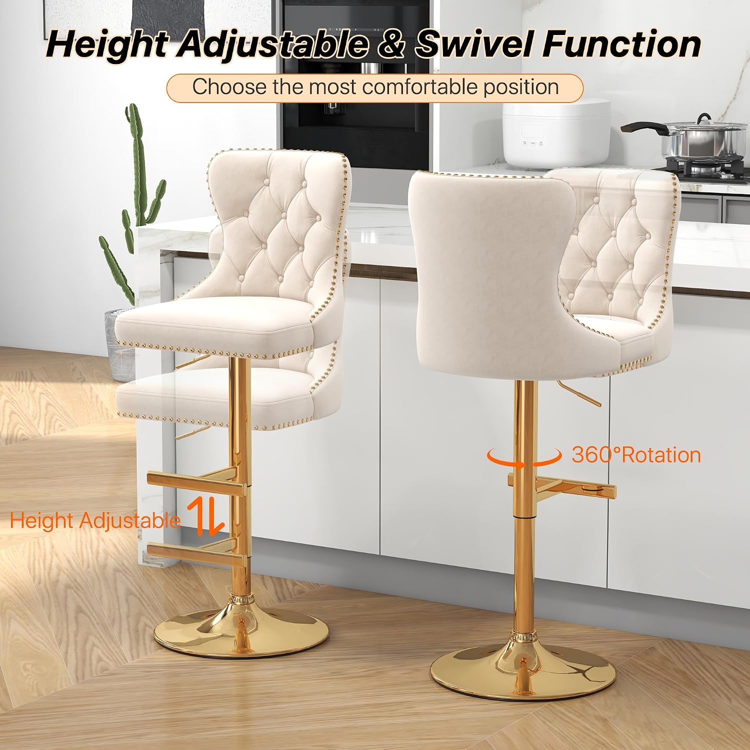 Bar Stools Set of 4, Velvet Swivel Counter Height Stools with Tufted Back, Adjustable Seat with Nailheads Trim, Upholstered Bar Chairs with Gold Base for Kitchen Island, Pub, Beige