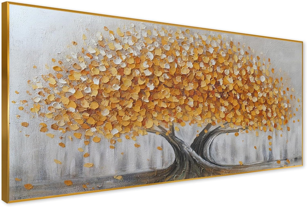 Gold Tree of Life Canvas Wall Art, Modern Abstract Textured Painting, Large Framed Panoramic Landscape Artwork for Living Room, Bedroom, Office, Home Decor 60'x30'