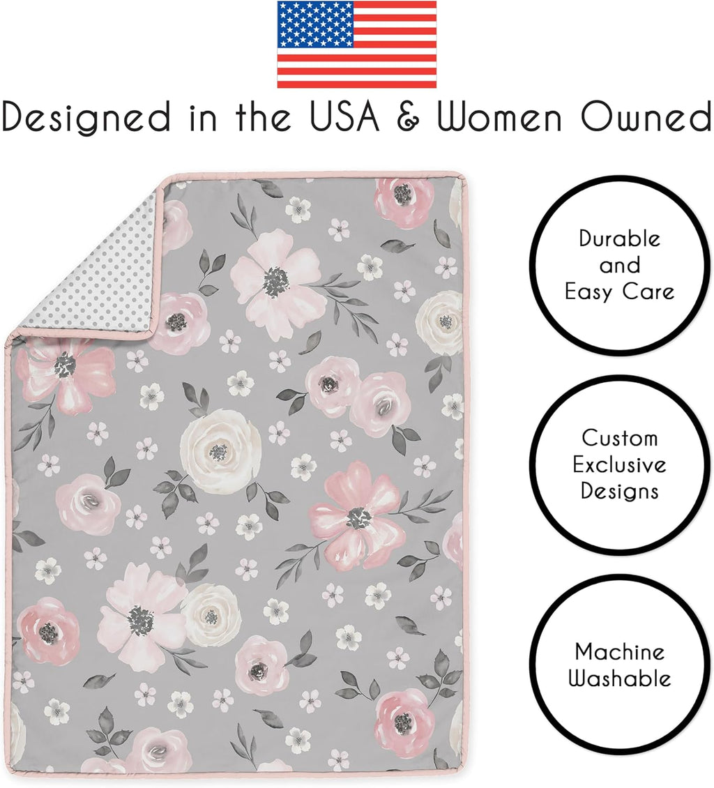 Sweet Jojo Designs 6-Piece Baby Crib Bedding Set (Grey Boho Floral) for Girls, Infants/Nursery incl. BreathableBaby Mesh Liner Blanket, Fitted Sheet, Skirt, Diaper Stacker (Farmhouse, Shabby Chic)