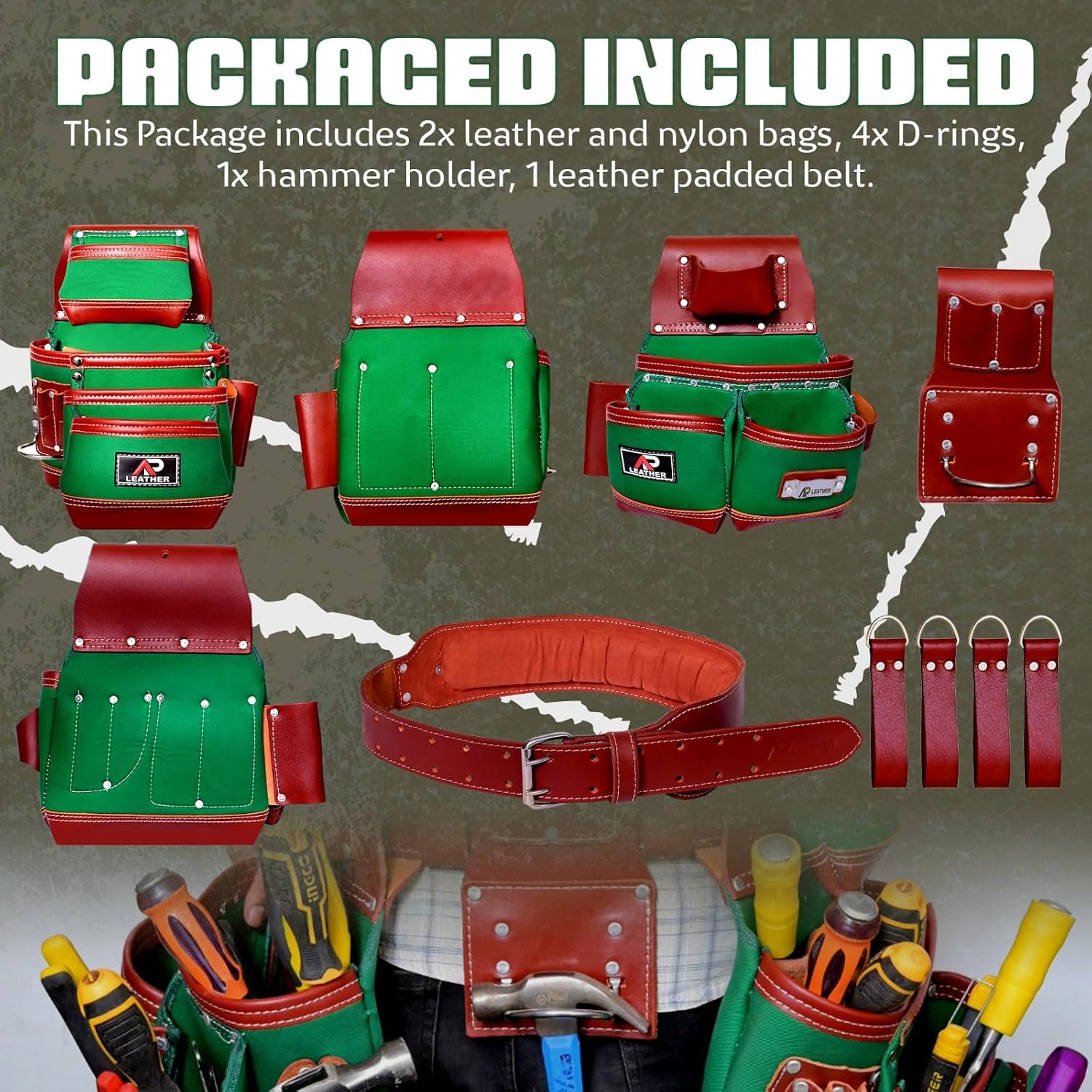 AP-LEATHER Full Grain Leather & Nylon Heavy-Duty Tool Belt Pouch with Suspender & Nylon, 28 Pocket, EVA Foam Padded Comfort, Adjustable 30'-50' Fit (Green)