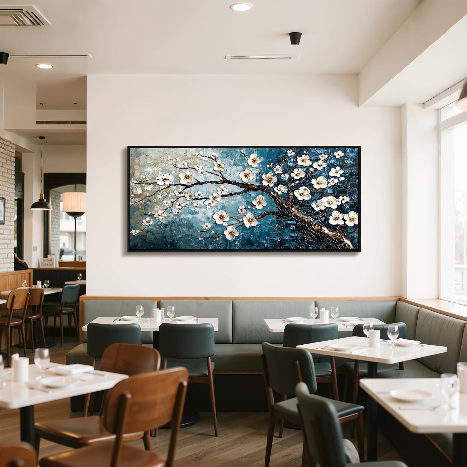 crmotu Large Plum Blossom Wall Art, Japanese Teal Tree Oil Paintings Prints Framed Artwork, Modern Blue Tree Pictures Wall Decor Living Room Bedroom Home Office, 32'x71'