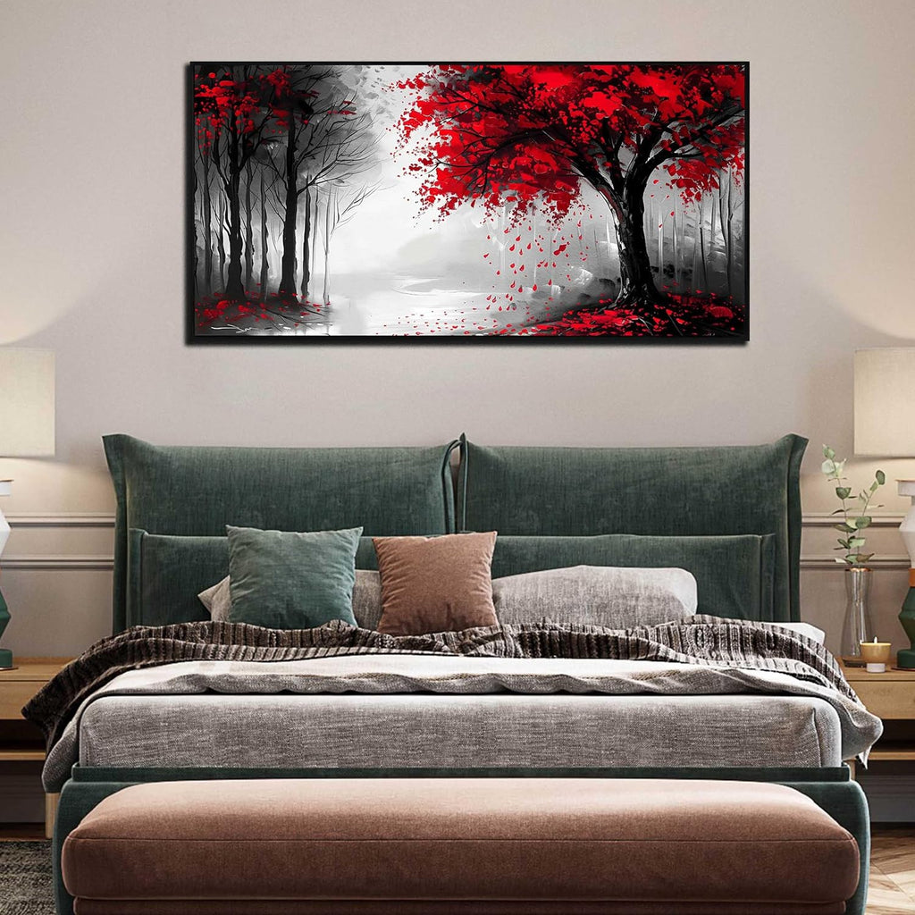 Large Canvas Wall Art for Living Room Black White and Red Tree of Life Print Pictures Painting With Black Wood Framed Wall Decor for Bedroom Modern Home Forest Wall Decorations Artwork Size 30x60 Ready to Hang