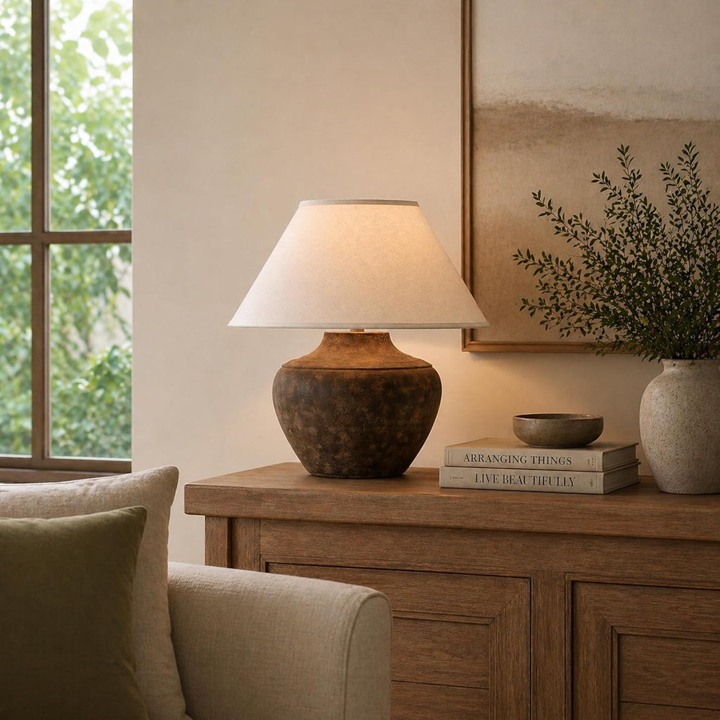 Troy Lighting PTL1010 Calabria - 20.5 Inch Table Lamp, Sienna Finish with Off-White Linen Shade, 20.50x20.00x20.00