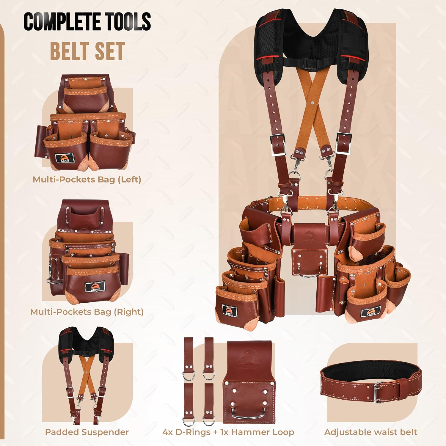 ABRIX Heavy Duty Tool Belt for Men – 4MM Thick Genuine Leather, Brass Buckle & Rivets | Foam Padded Comfort | 28-Pocket Carpenter & Framing Rig with Suspender | Work Belt Fit upto 32' to 52'