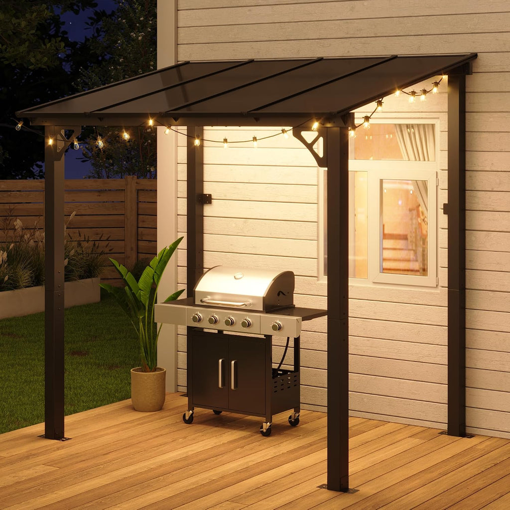 Aoxun 8' x 5' Gazebo for Patio, Gazebo Pergola with Sloped Roof and LED Waterproof Hanging Lights Large Wall-Mounted Heavy Duty Awning for Backyard, Deck, Patio