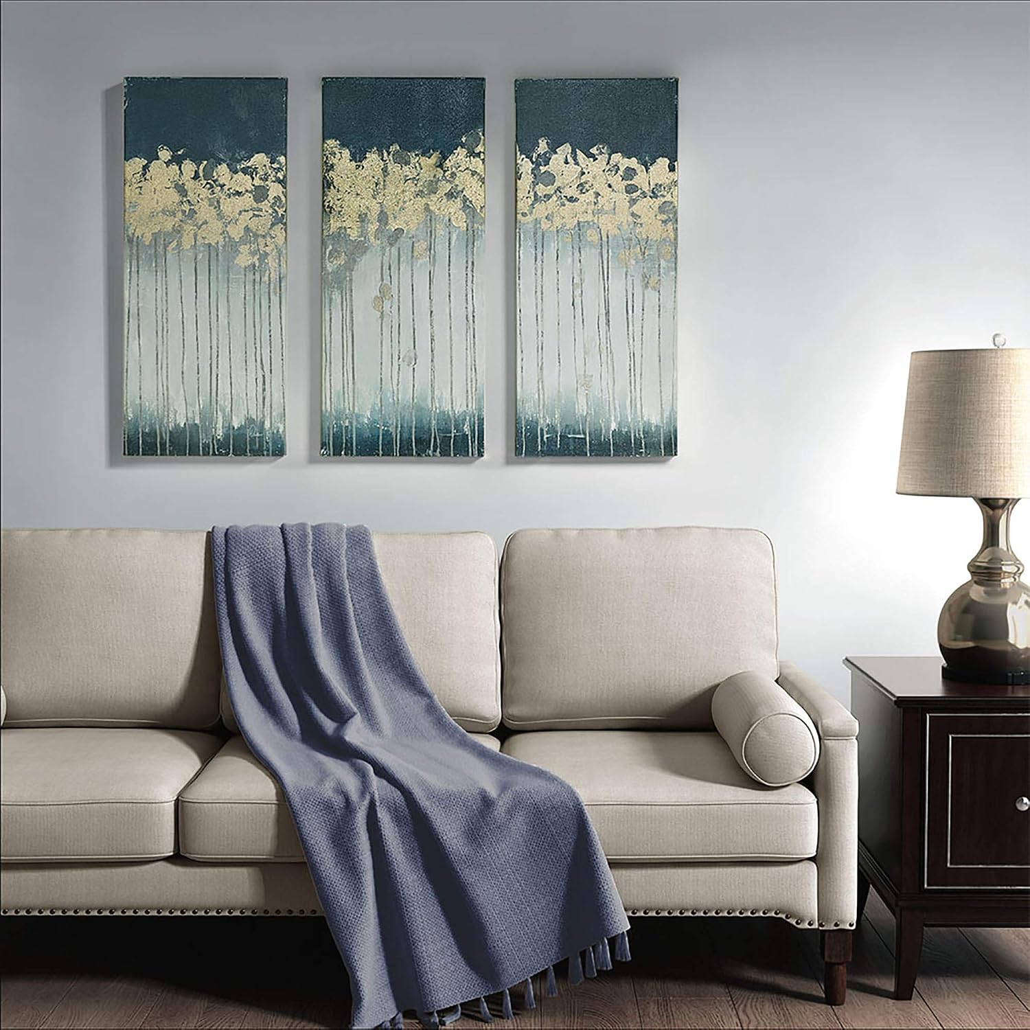 Madison Park Wall Art Living Room Decor - Embelished Gold Foil Triptych Canvas Home Accent Dining, Bathroom Decoration, Ready to Hang Painting for Bedroom, 15' x 35', Midnight Forest Blue 3 Piece