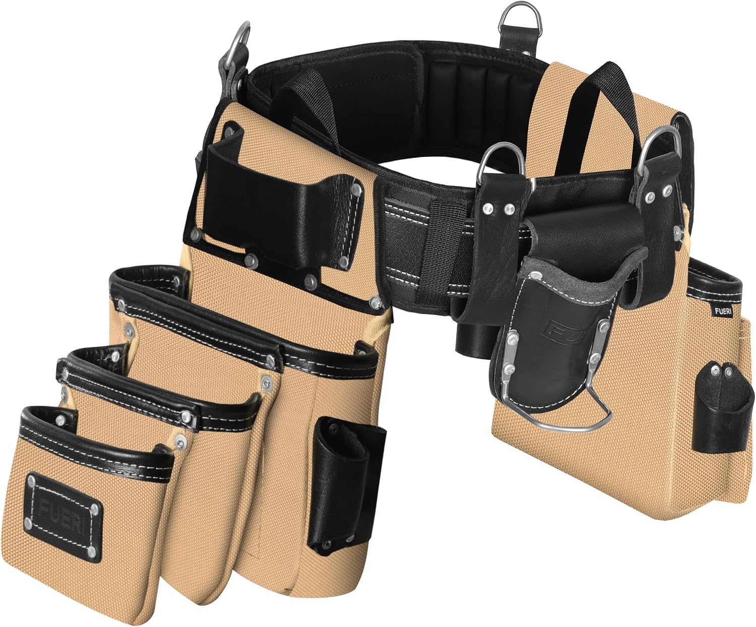 FUERI Electrician's Heavy Duty 26 Pocket Leather-Nylon Tool Belt & Bag Combo for Men, Comfort Back Support Padded Belt, 2 Large Storage Capacity Pouches, Best for Framers, Carpenter, Roofing