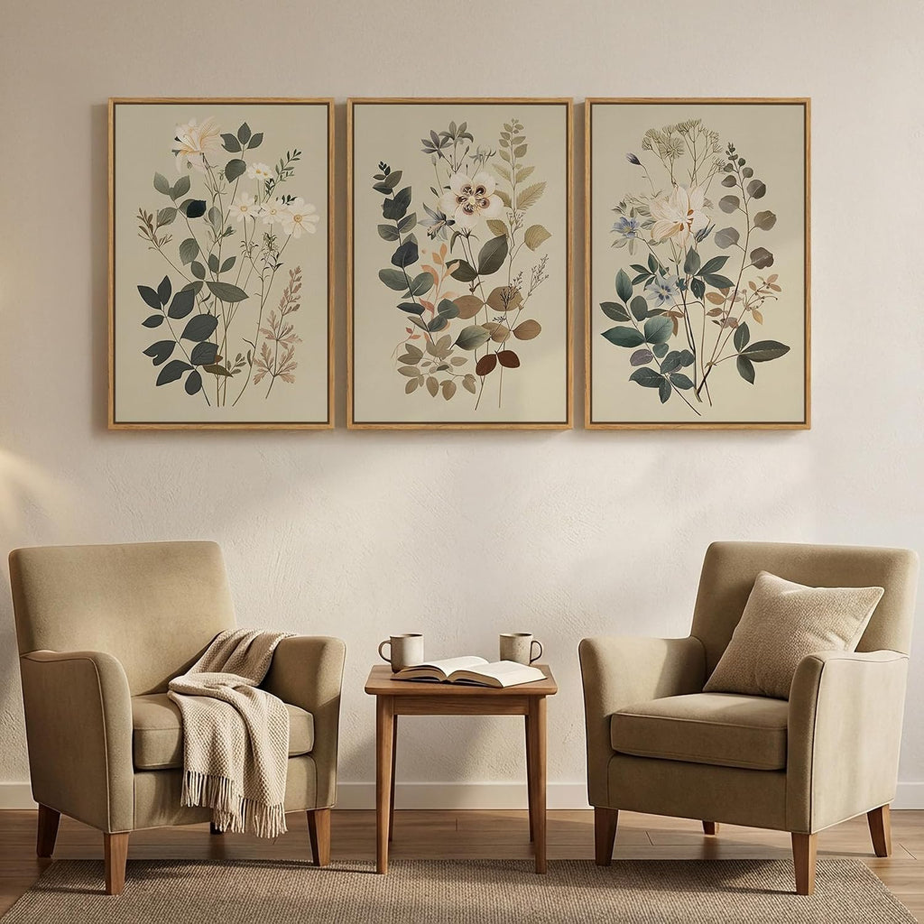 Framed Vintage Botanical Wall Art for Living Room, 3 Piece Neutral Floral Canvas Artwork for Modern Farmhouse Walls, Rustic Green Flower Painting Prints for Bedroom Office Kitchen Wall Decor, 20x30