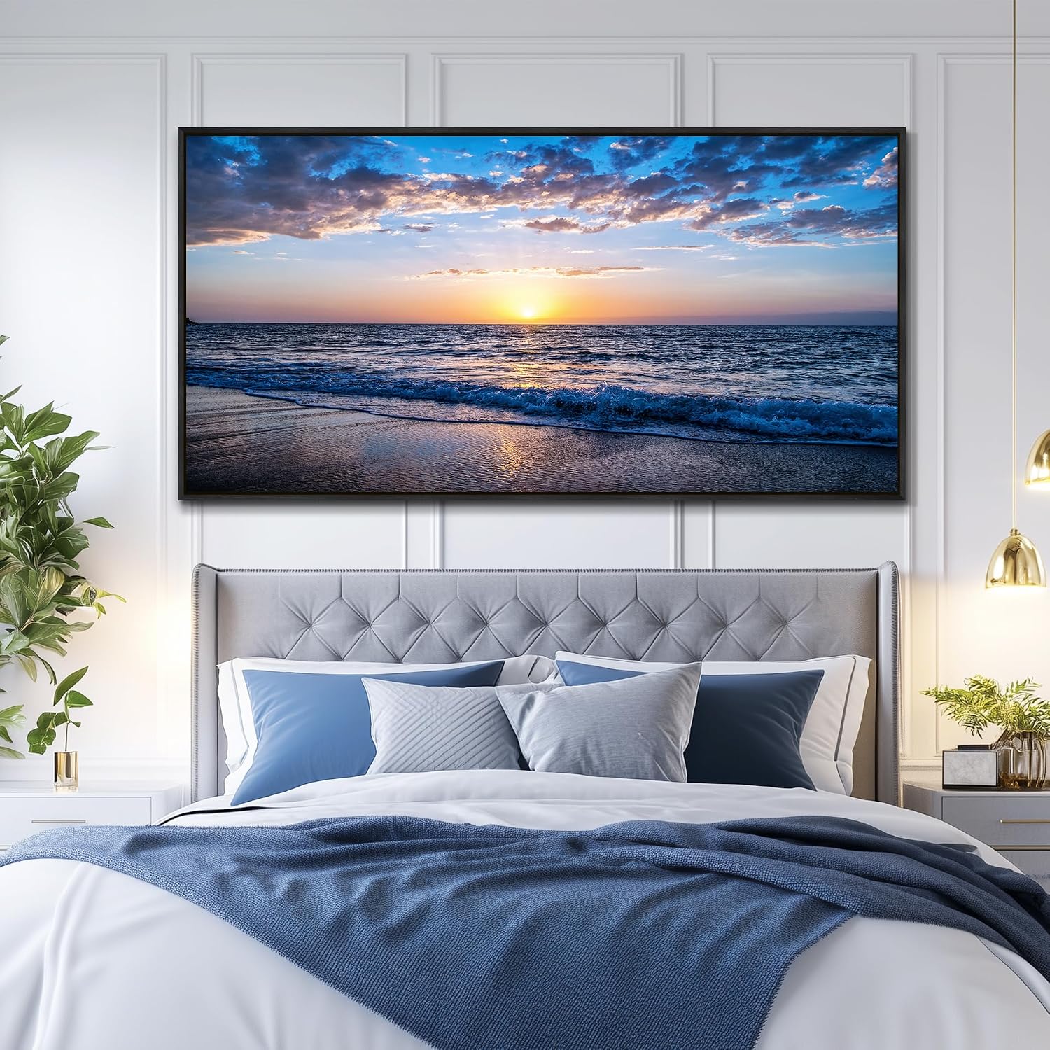 Blue Ocean Framed Wall Decor Living Room Large Size Canvas Wall Art For Bedroom Boho Home Decor Sea Beach Canvas Pictures Artwork Sunny Sea View Painting Office Wall Decorations Black Framed 30' X 60'