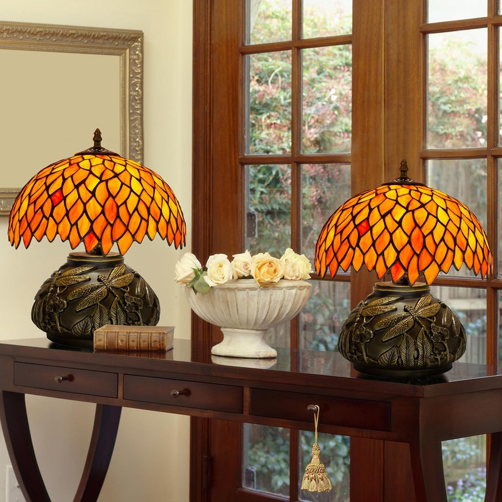 Tiffany Table Lamp Orange Wisteria Style Stained Glass Lamp for Bedside,Bedroom,Living Room,12 Inch Small Vintage Mushroom Desk Lights Included E26 LED with Remote Control(Autumn Leaves)