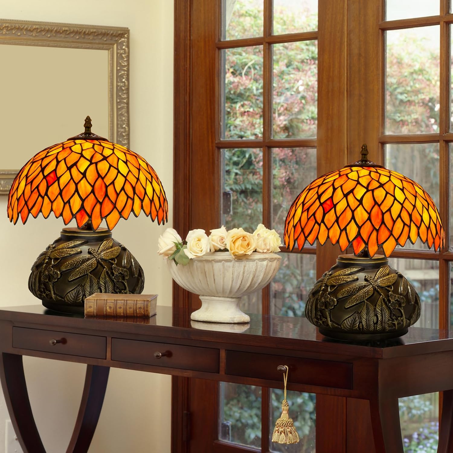 Tiffany Table Lamp Orange Wisteria Style Stained Glass Lamp for Bedside,Bedroom,Living Room,12 Inch Small Vintage Mushroom Desk Lights Included E26 LED with Remote Control(Autumn Leaves)