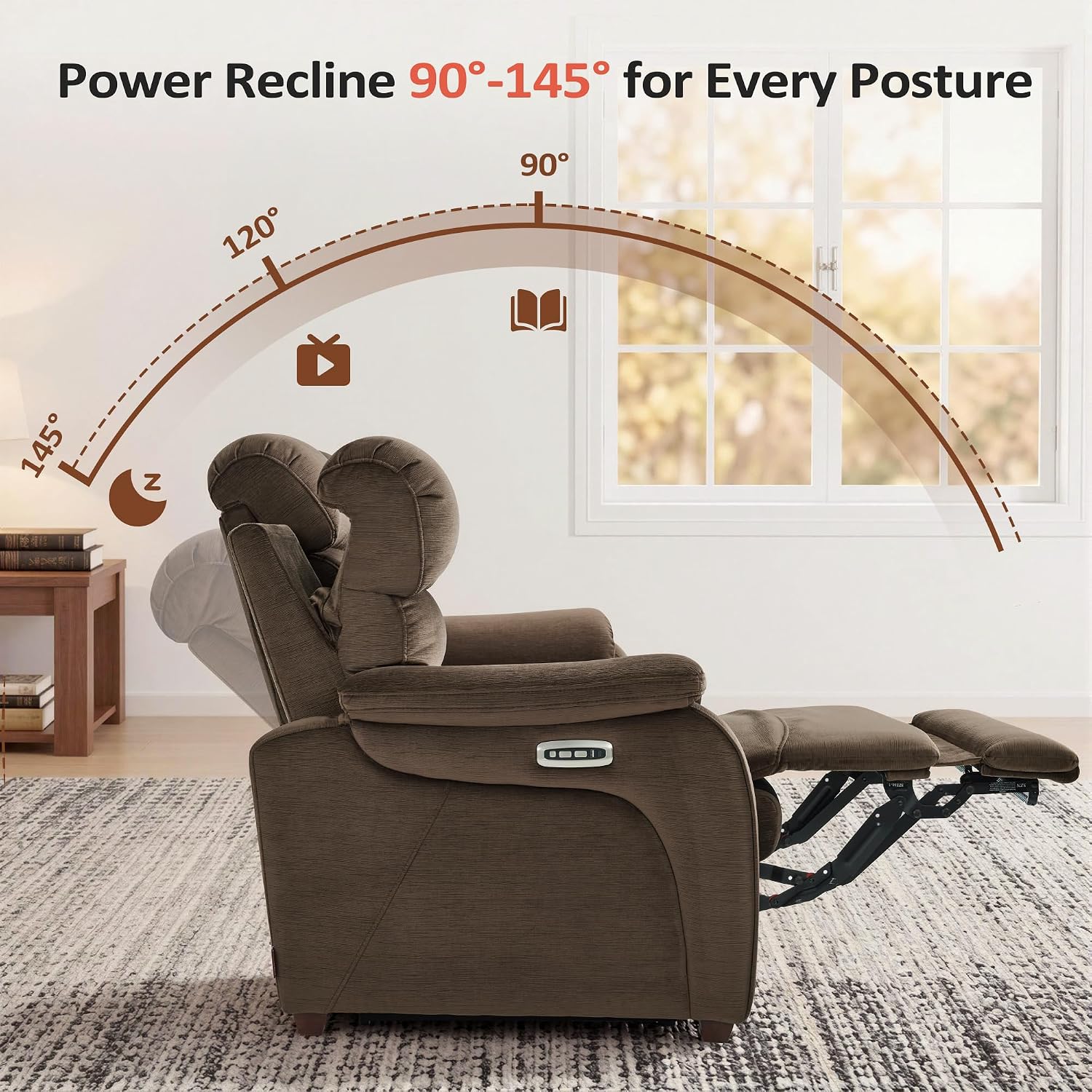 MCombo 87.2'' Wall Hugger Power Recliner Sofa with Drop Down Table, Reclining Sofa with Adjustable Headrest, USB Charge Ports, Reading Lamp, for Living Room, RVs, Fabric, ST258M3 (3-Seater, Coffee)