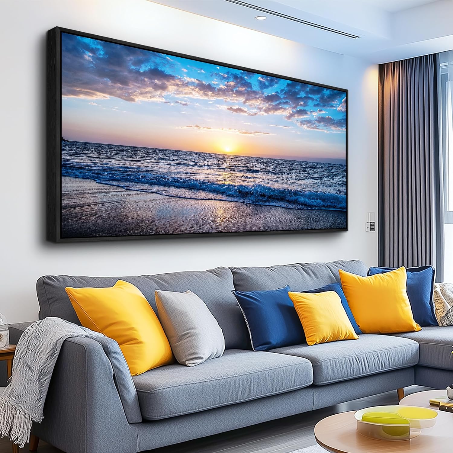 Blue Ocean Framed Wall Decor Living Room Large Size Canvas Wall Art For Bedroom Boho Home Decor Sea Beach Canvas Pictures Artwork Sunny Sea View Painting Office Wall Decorations Black Framed 30' X 60'