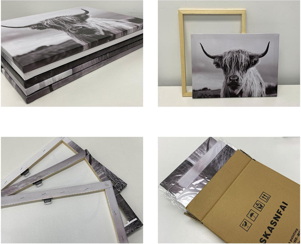 Highland Cow Wall Art Canvas Black and White Artwork Canvas Picture Highland Cow Prints Paintings Wall Decor Framed for Living Room Bathroom (28x44 inch)