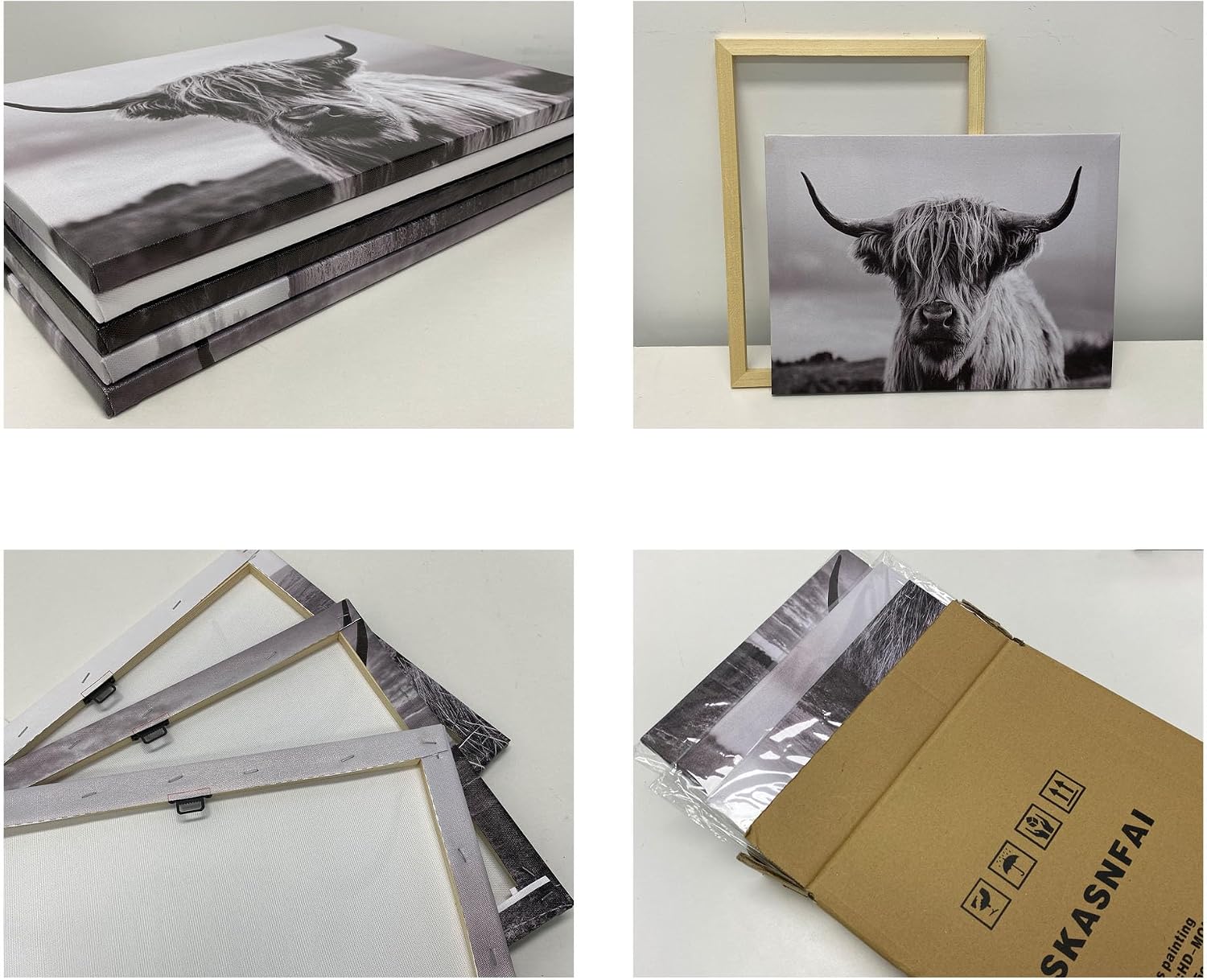 Highland Cow Wall Art Canvas Black and White Artwork Canvas Picture Highland Cow Prints Paintings Wall Decor Framed for Living Room Bathroom (28x44 inch)