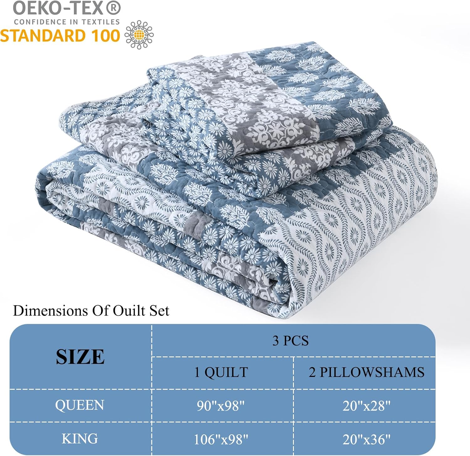 DDUOXIN Floral Quilt King Size - 100% Cotton Reversible King Quilt with 2 Pillow Shams, Farmhouse Soft Bedspreads Lightweight Stripe Quilts Bedding Set, Country Blue/Grey