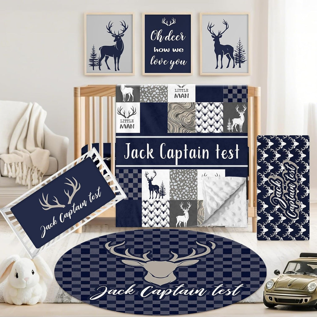 Personalized Baby Crib Bedding Set, 5 Pcs Custom Name Nursery Bedding Set for Girls Boys, Blue Woodland Deer Baby Crib Set for Toddlers Infants, Double Layer Bedding Crib Sets Customized Gifts