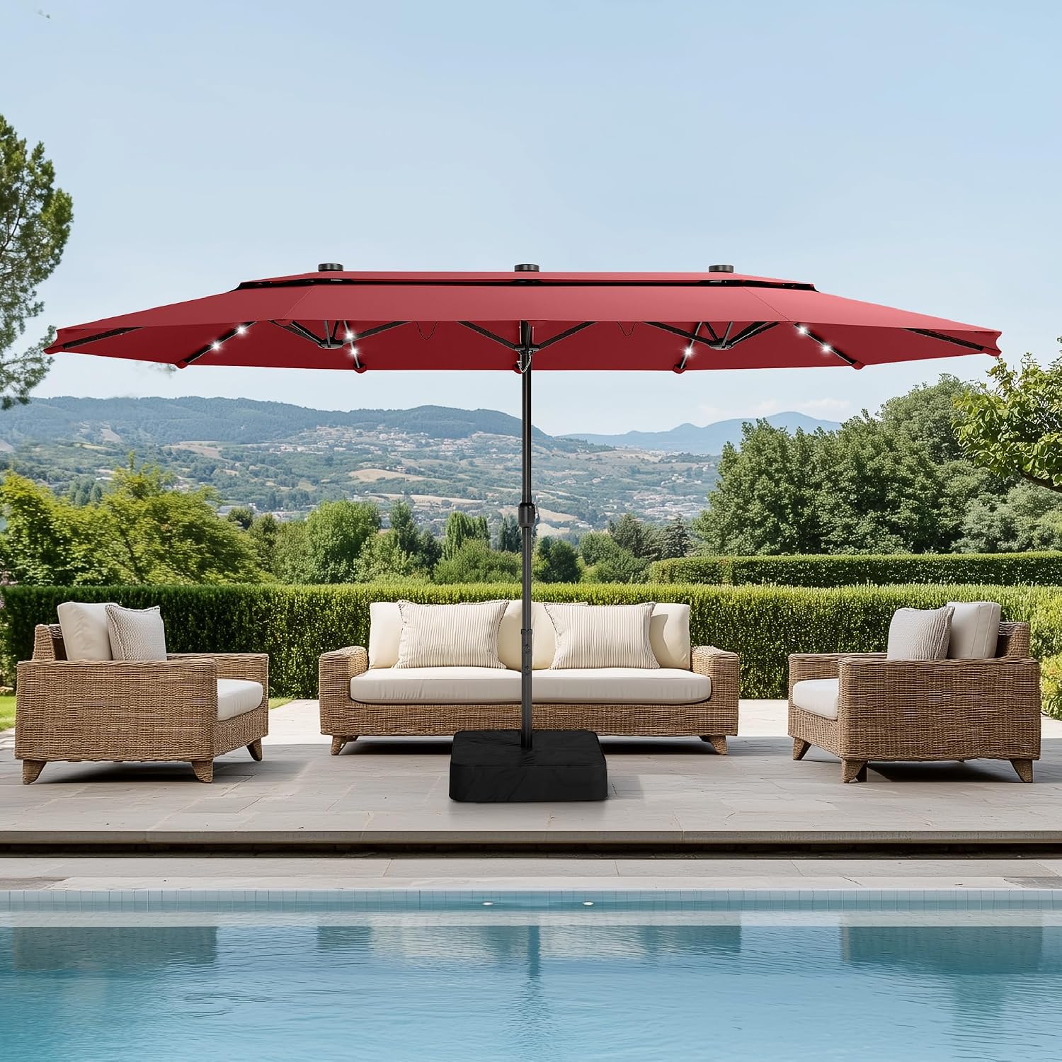 PHI VILLA 15ft 2-Tier Large Patio Umbrella with Solar Lights, Double-Sided Outdoor Market Rectangle Umbrellas with 36 LED Lights, Umbrella Base (Stand) Included, Wine Red