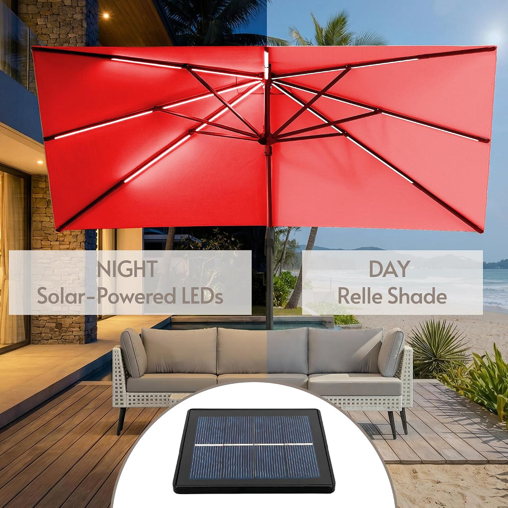 ENSTVER 11x11ft Large Cantilever Umbrella With Base Included & Solar Powered Led Lights, Deluxe Curvy All-Aluminum Rectangular Patio Umbrella For Deck, Pool And Backyard (Red)