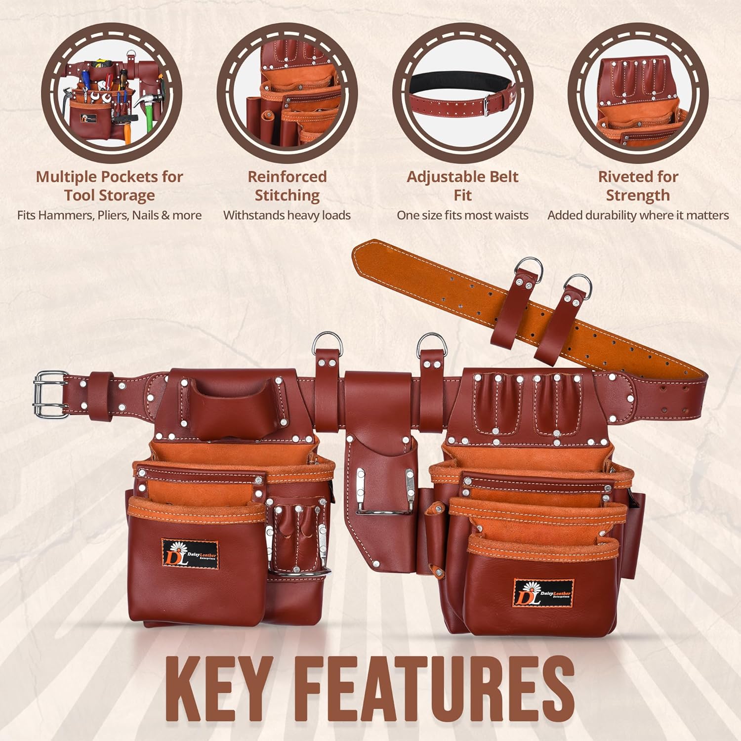 Daisy Leather PRO DL-101 Oil tanned Premium 25 pockets Heavy duty Tool Belt, Carpenter belt Pouch for Construction, Carpenter, Craftsman and Electricians workers, Black, X-Large (Cherry Leather)