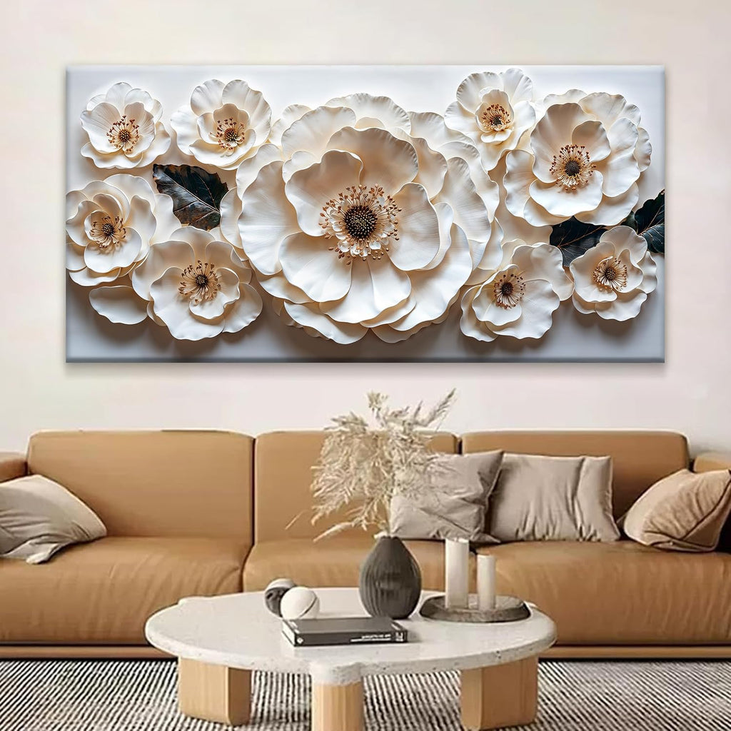 Large Wall Art For Living Room Floral White Wall Art Modern Canvas Art Wall Decor 29' X 58' Painting White Flower Wall Art Print Picture For Bedroom Home Office Decoration