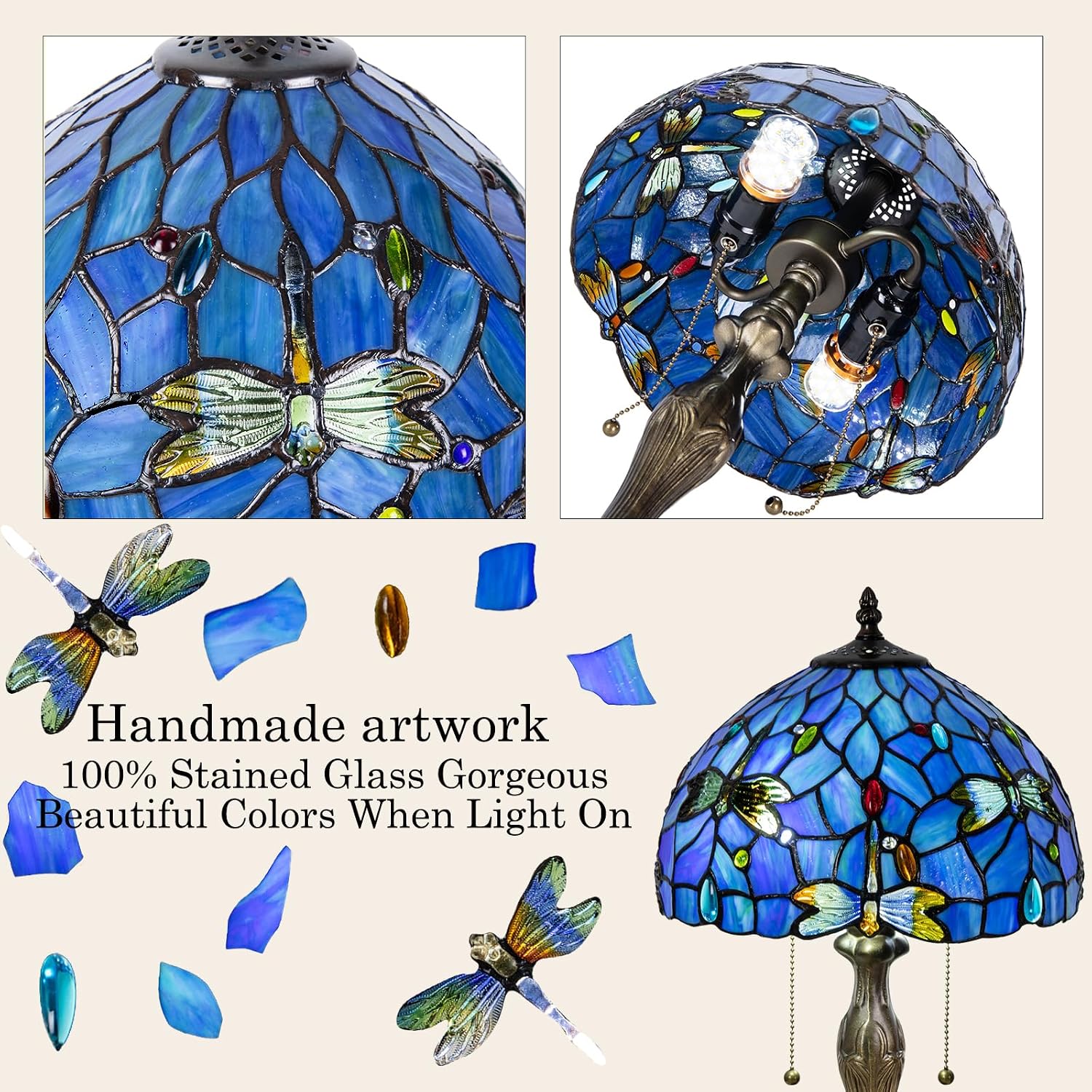 Tiffany Table Lamp, 3 Color-Temperature Dragonfly Stained Glass Lamp,12 Inch Tiffany Style Lamp for Bedroom Living Room Home, Handcrafted Light, Included Bulb (Blue)