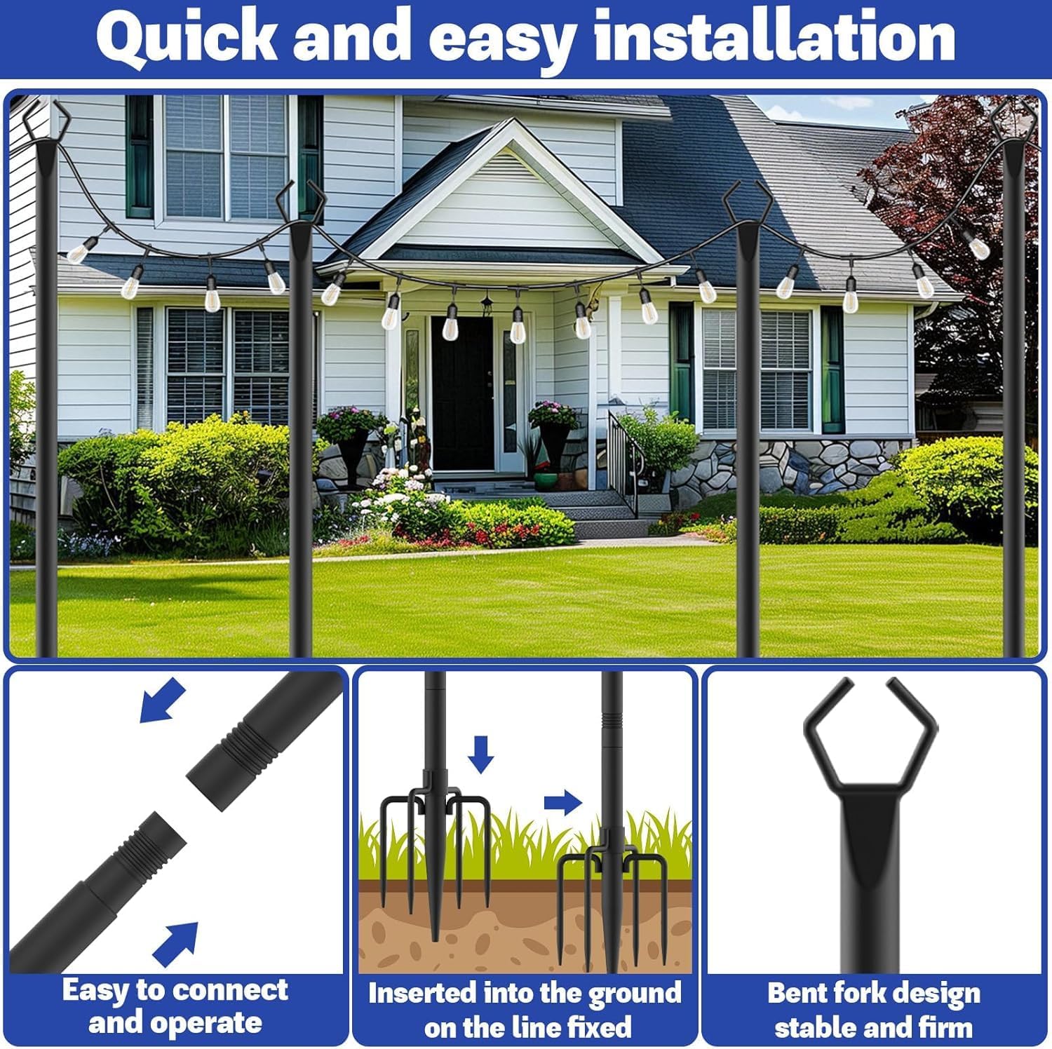 10 Pack 10 ft Heavy Duty Metal String Light Poles Adjustable Outdoor Lighting Stand for Patio,Backyard,Garden,Party & Wedding Rustproof & Sturdy with Hooks