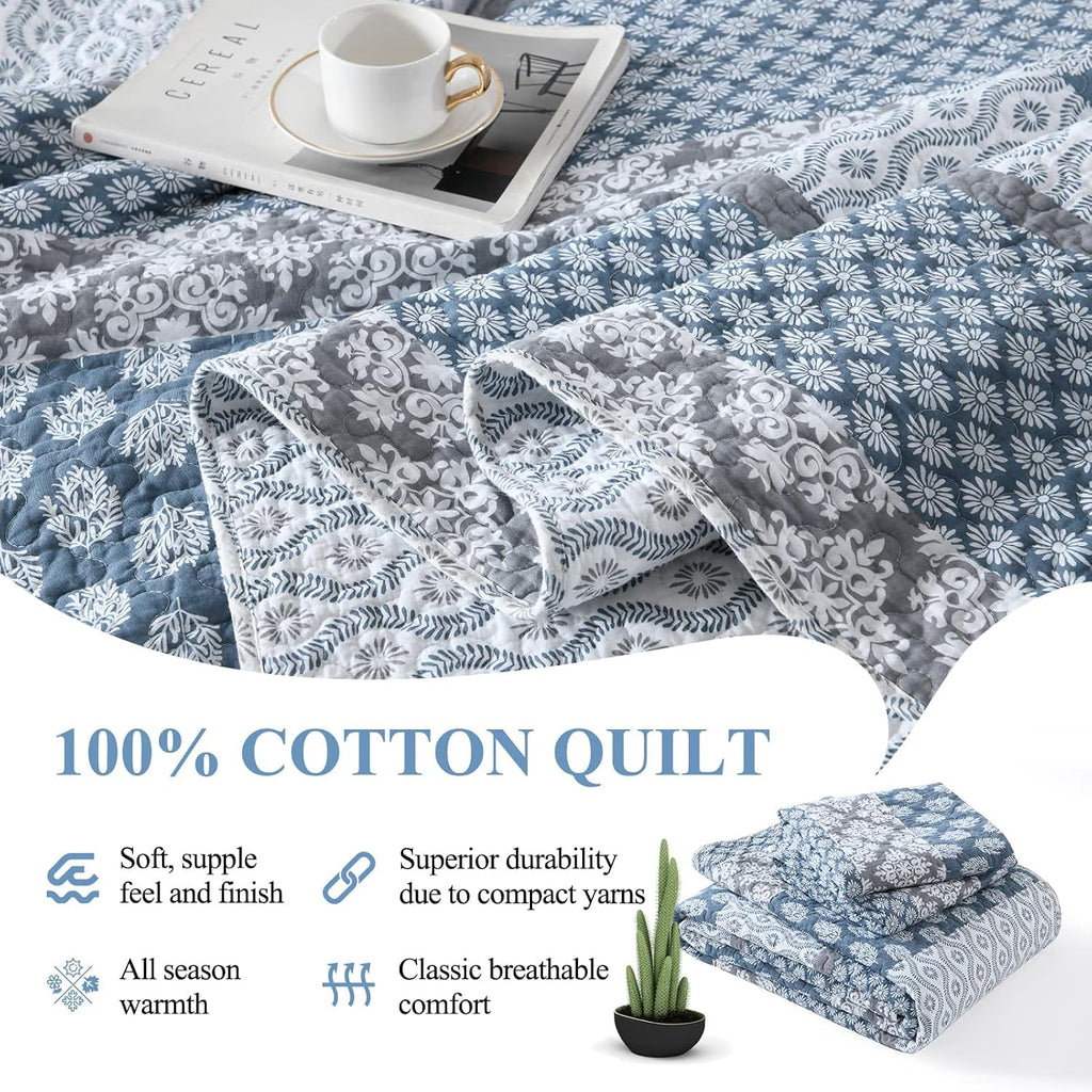 DDUOXIN Floral Quilt King Size - 100% Cotton Reversible King Quilt with 2 Pillow Shams, Farmhouse Soft Bedspreads Lightweight Stripe Quilts Bedding Set, Country Blue/Grey