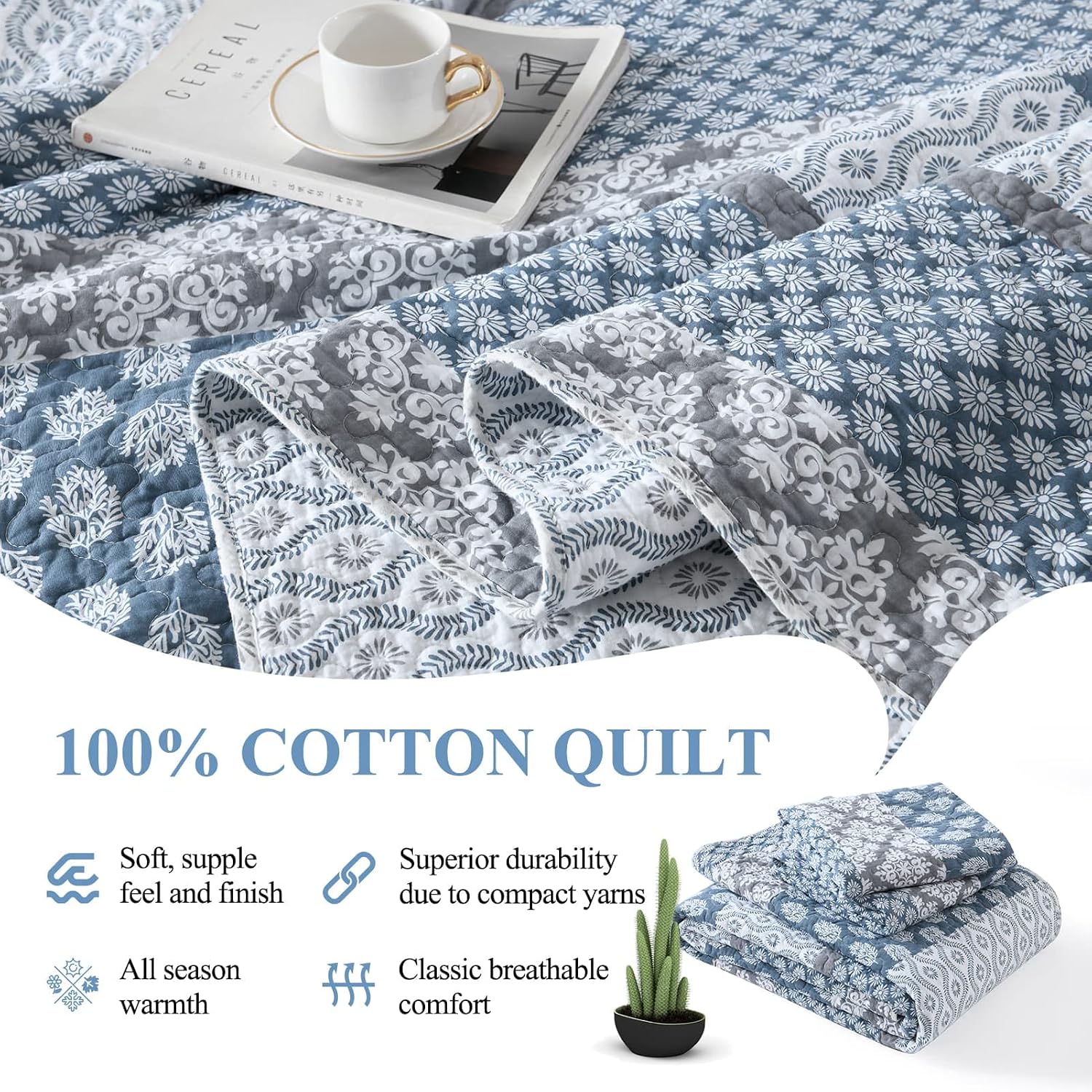 DDUOXIN Floral Quilt King Size - 100% Cotton Reversible King Quilt with 2 Pillow Shams, Farmhouse Soft Bedspreads Lightweight Stripe Quilts Bedding Set, Country Blue/Grey