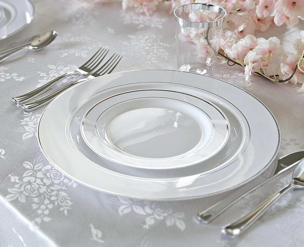 ' OCCASIONS ' 360 pcs/40 Guest-Full Tableware Set-Wedding Disposable Plastic Plates Silverware, Silver Rim Tumblers & Linen Feel Napkins/Metal Napkin Rings (Combo D, White & Silver Rim)
