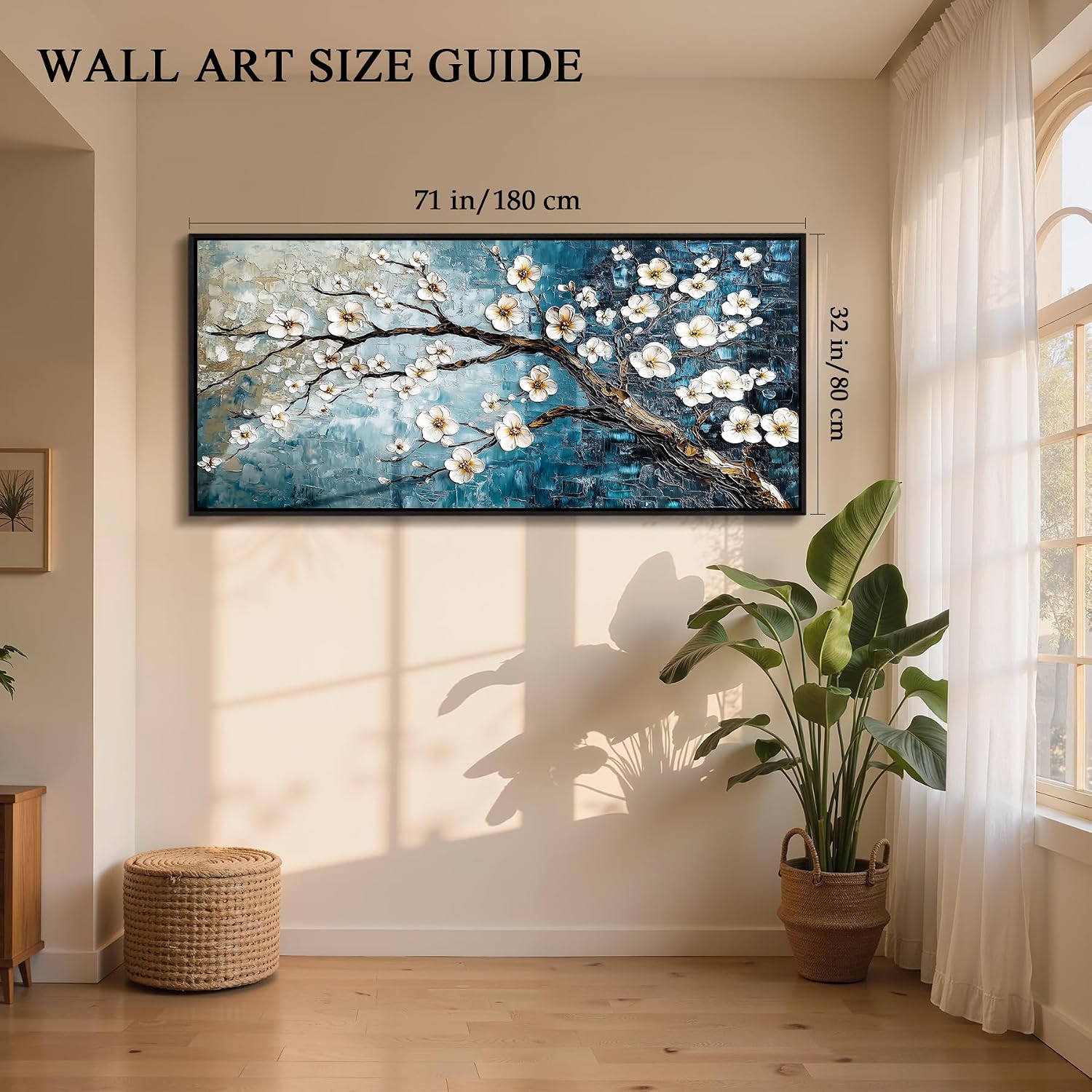 crmotu Large Plum Blossom Wall Art, Japanese Teal Tree Oil Paintings Prints Framed Artwork, Modern Blue Tree Pictures Wall Decor Living Room Bedroom Home Office, 32'x71'