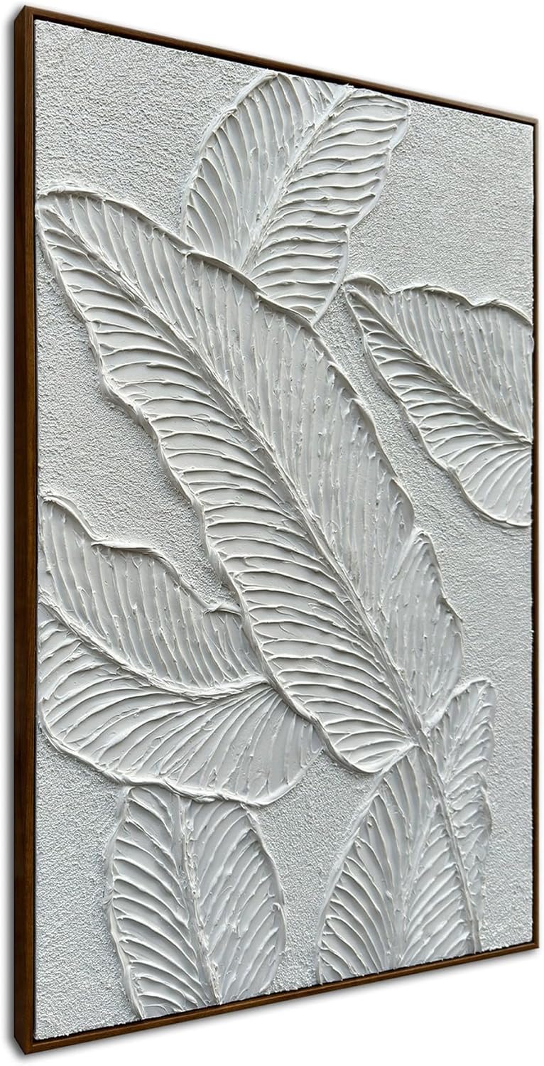 Slyart White Textured Wall Art, Hand Painted Canvas Abstract Wall Art Framed, 3D Minimalist White Leaf Plant Painting 24'x36'