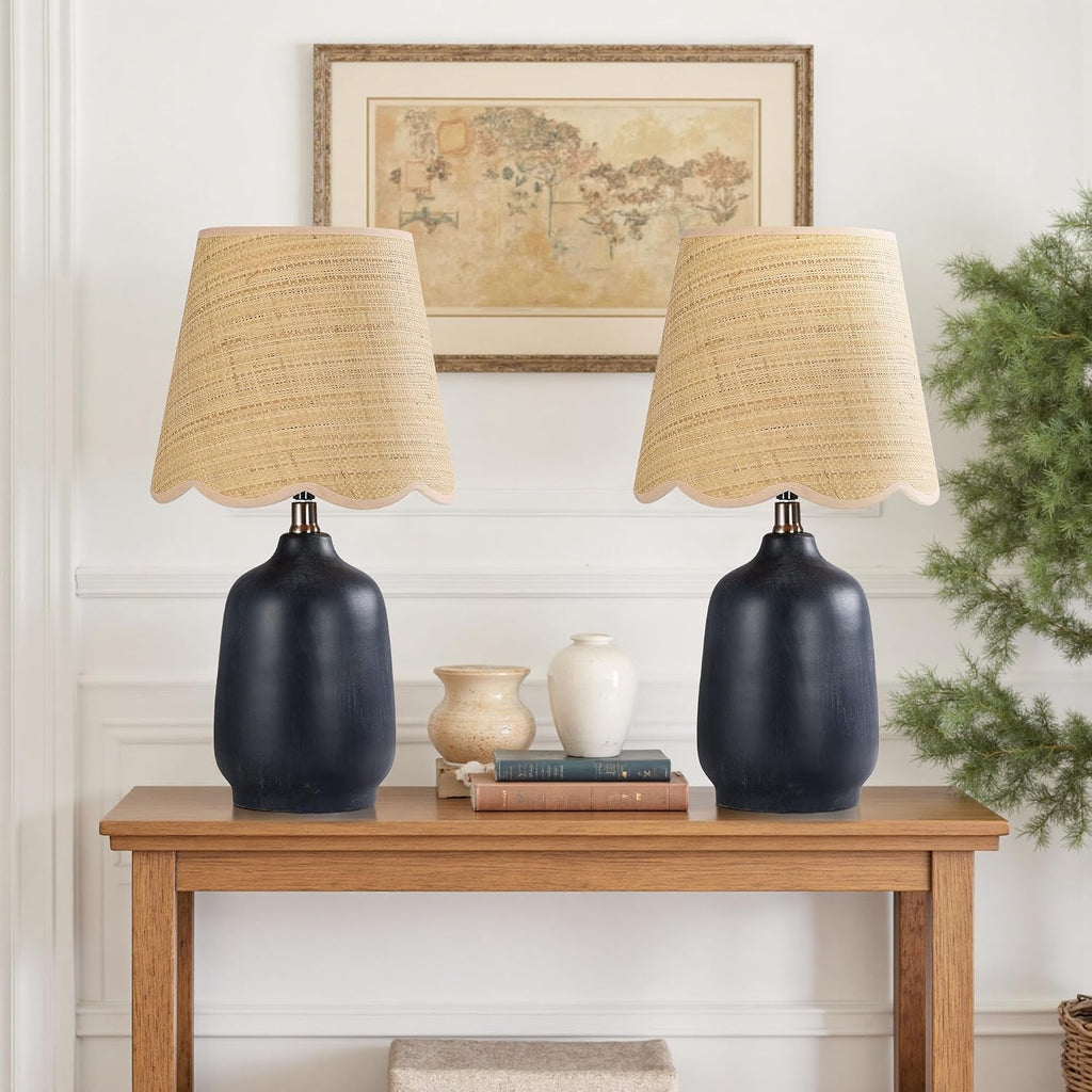 19' Boho Ceramic Table Lamp Set of 2, Handmade Ceramic Base with Rattan Shade, Farmhouse Plug-in Bedside Nightstand Lamps for Bedroom, Living Room, E26 Socket, Black