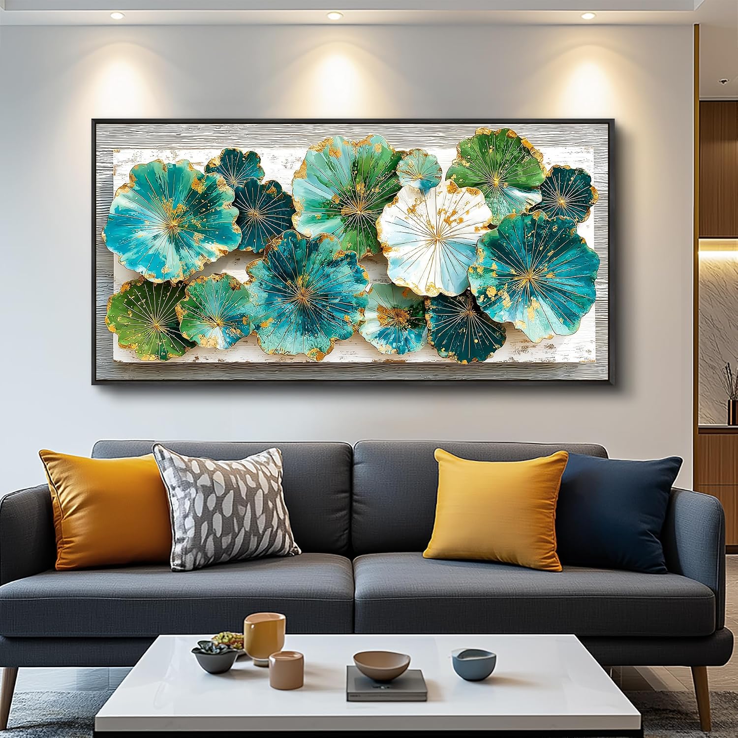 XIGUANGART Lotus leaf Large Wall Art for Living Room Texture Wall Decor Green Floral Abstract Pictures Framed Artwork for Walls Canvas Print Painting for Bedroom Nature Rustic Home Decoration 30x60