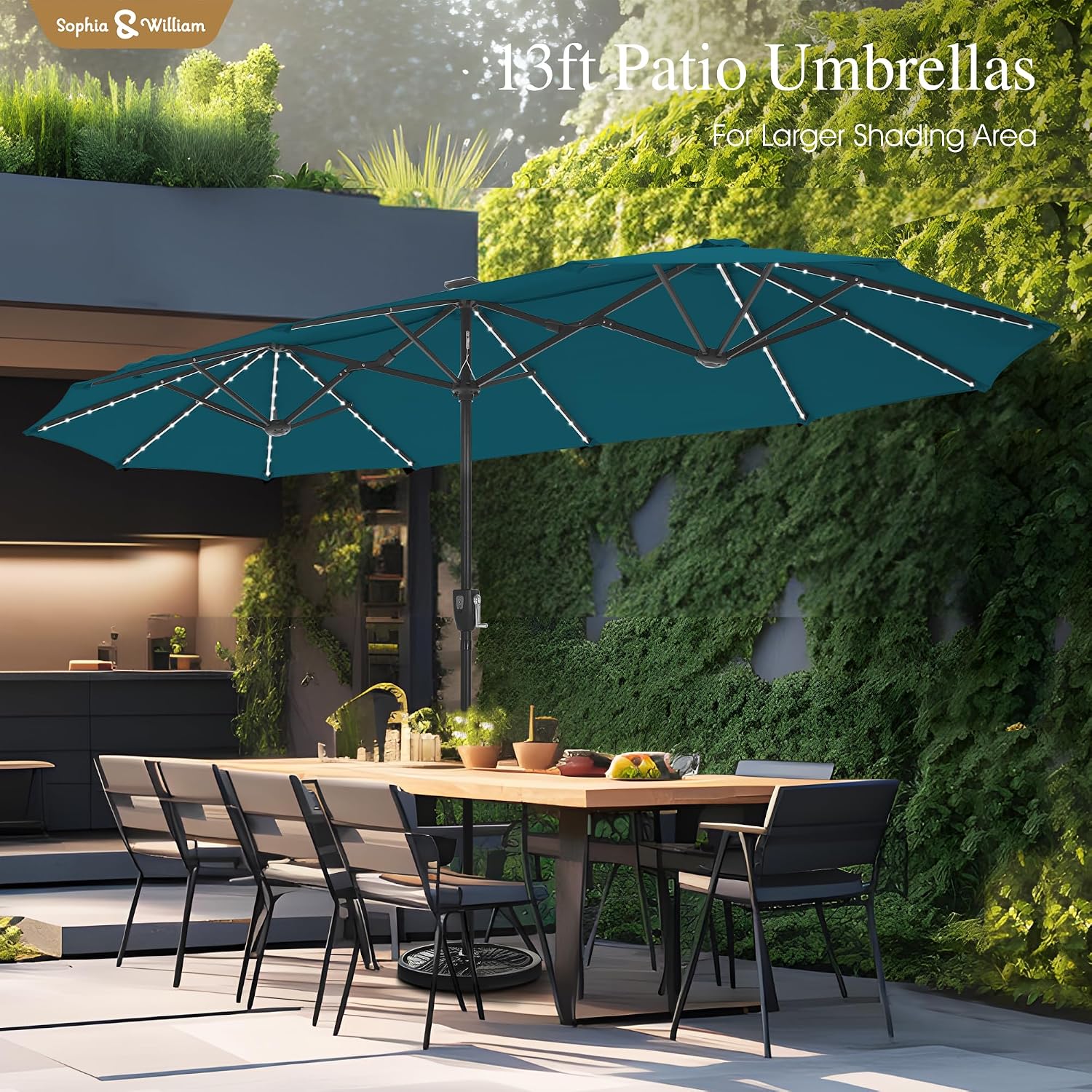 Sophia & William 13ft Outdoor Patio Umbrella with Solar Lights, Large Double-sided Umbrella with LED Lights, Perfect for Garden, Deck, Pool, Cyan Blue