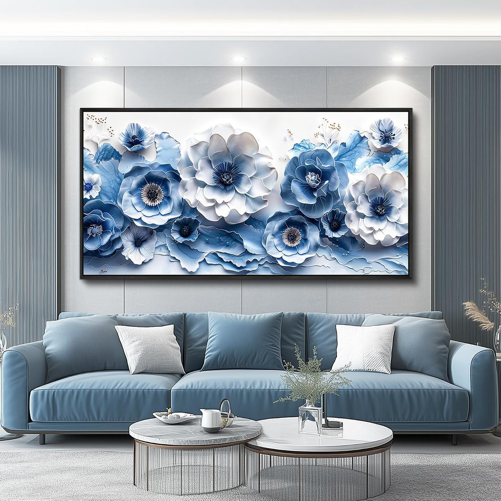 XIGUANGART Large Wall Art for Living Room Blue and White Flower Prints Paintings for Office Modern Black Framed Artwork Floral Pictures Wall Decoration for Bedroom Kitchen Women Aesthetic Home Decor