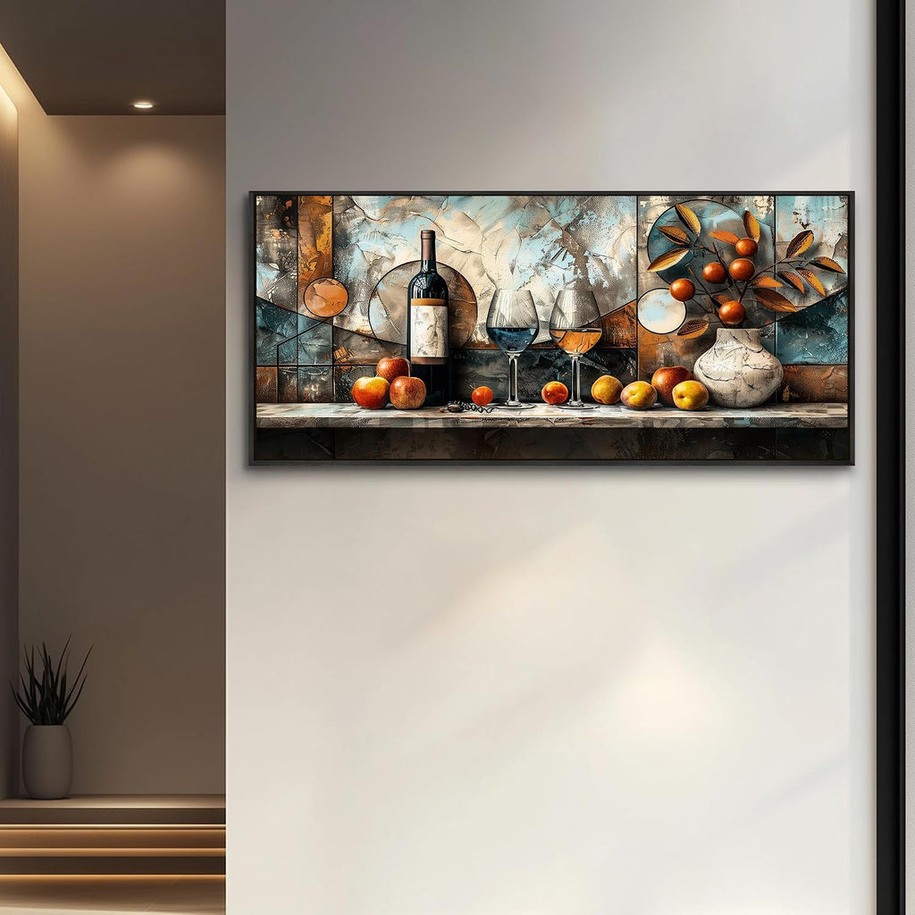XIGUANGART Kitchen Pictures Wall Decor,Extra Large Framed Wall Art,Fruit Harvest Still Life Wall Art For Dining Room Vintage Picture Artwork Wine Glass Painting Pub Living Room Home Decor 32x72 In