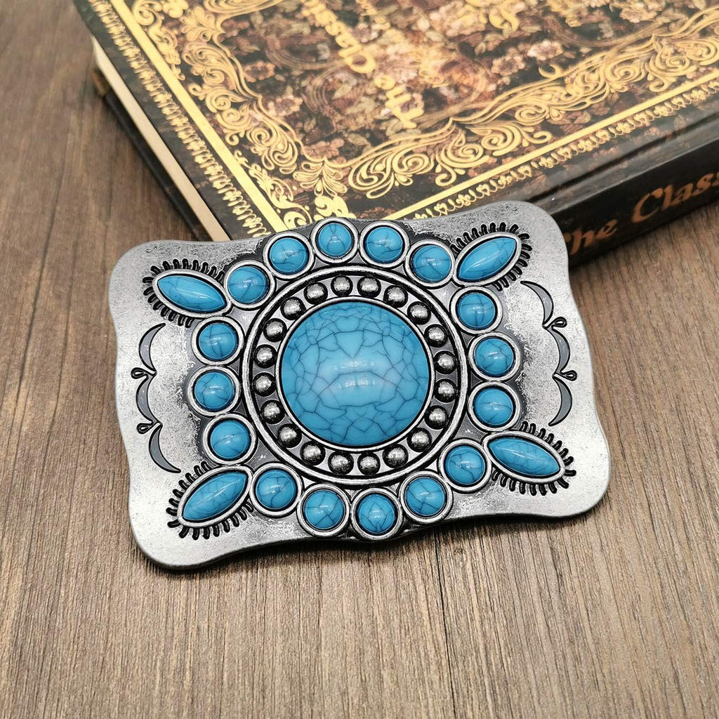 Men's Western Belt Buckle - Vintage Turquoise with Native American & Cowboy Elements