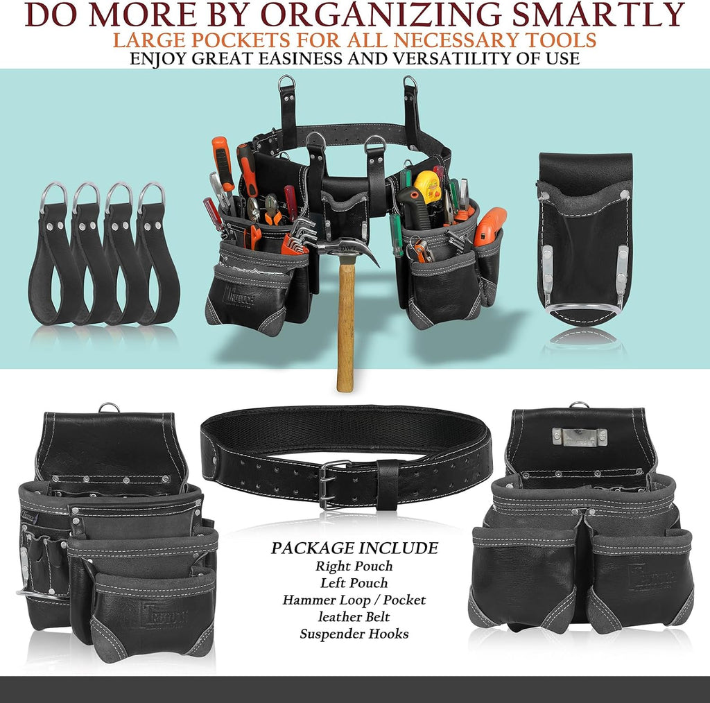 Grain Leather Tool Belt | Tools Pouch | Drywall Tool Belt | Carpenter Tools Bag | Leather Tool Belts for Men | Construction | Framers | Electrician (Black)