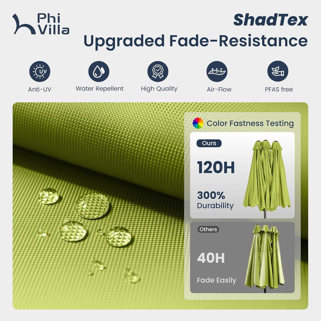 PHI VILLA 15 ft Umbrella Outdoor Patio Solar Lights with Base, Outdoor Double-Sided Large Market Rectangle Umbrellas with 36 LED Lights, Lime Green