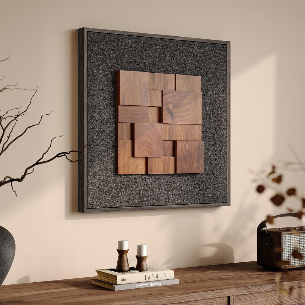 Framed 3D Textured Wood Wall Art, Modern Minimalist Black Painting Artwork for Walls, Vintage Geometric Natural Wooden Wall Art Decor for Living Room, Hallway, Dining Room, Bedroom, Office, 24x24