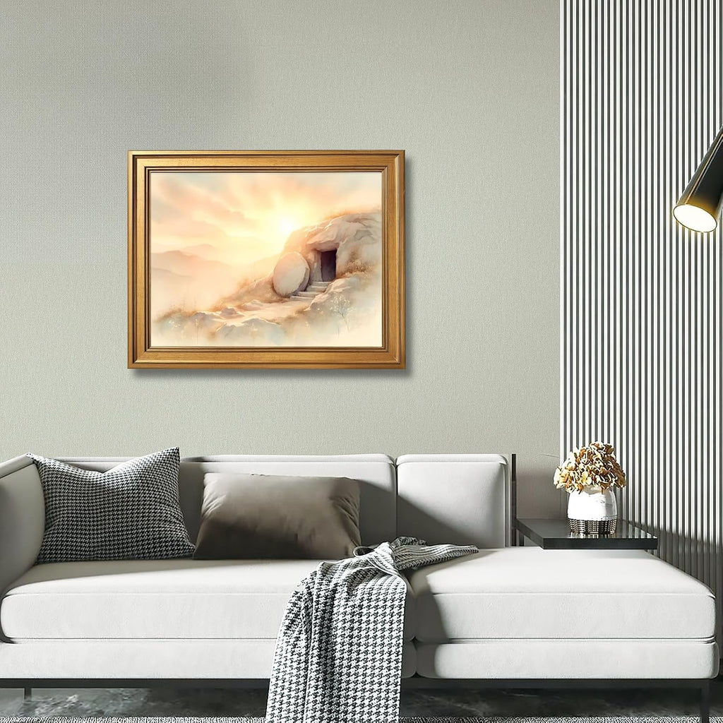 Framed Empty Tomb Easter Morning Painting Wall Art He Is Risen Canvas Print Watercolor Christian Jesus Resurrection Poster Easter Picture Bible Verse Scripture Decor for Church Prayer Room 24x36inch