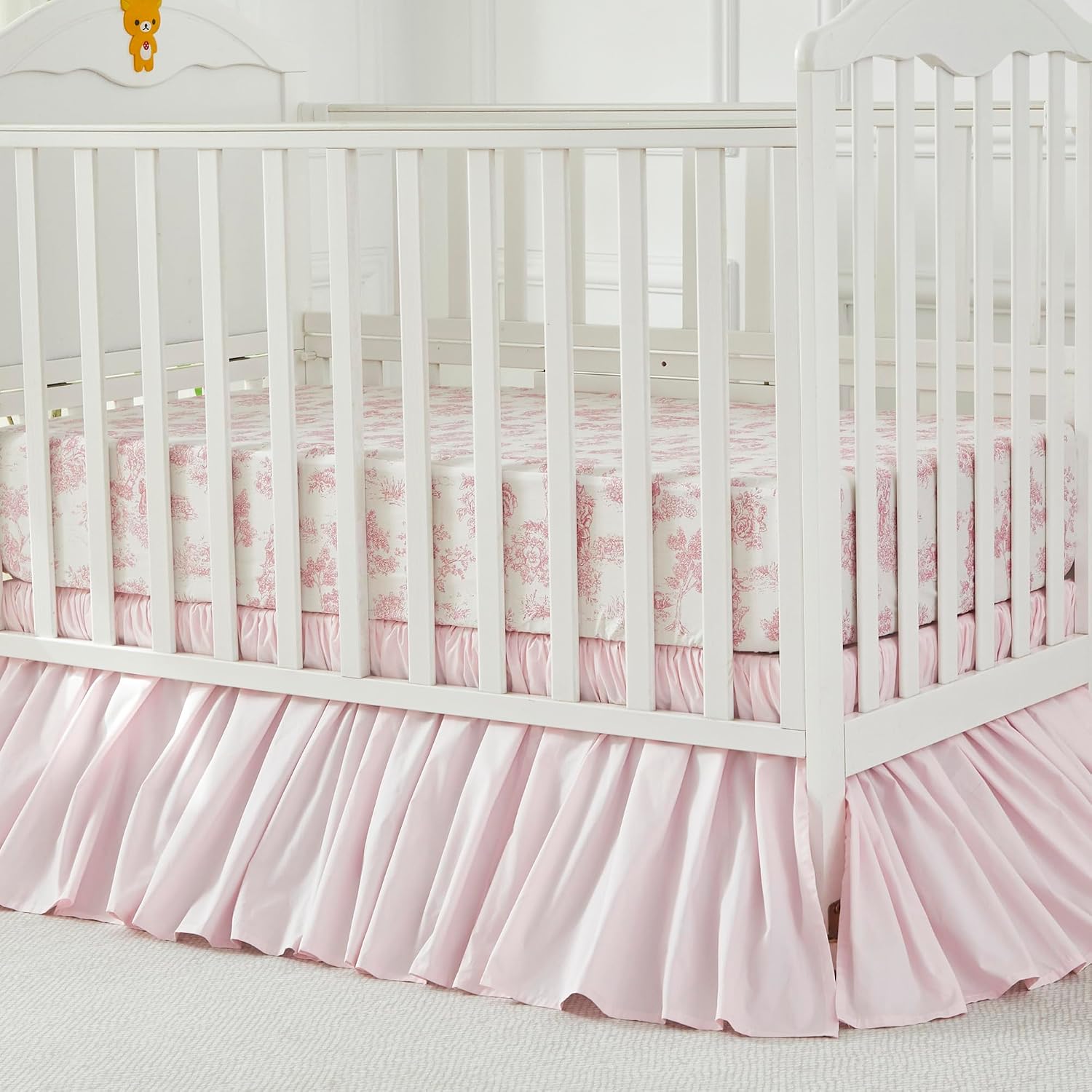 Brandream French Country Toile Crib Bedding Set for Girls Vintage Pink Toile Floral Print 100% Cotton Baby Girl Nursery Bedding Collection - Ruffles Quilt,Toile Crib Sheet,Crib Bed Skirt 3 Pieces