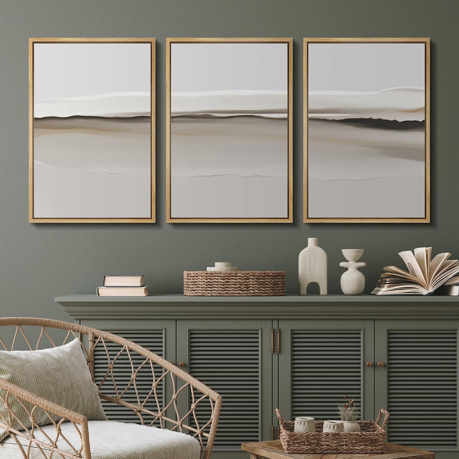 SIGNFORD Framed Canvas Print Wall Art Set Neutral Abstract Landscape Soft Earthy Gradients Illustrations Modern Art Relax/Calm for Living Room, Bedroom, Office - 24'x36'x3 Natural