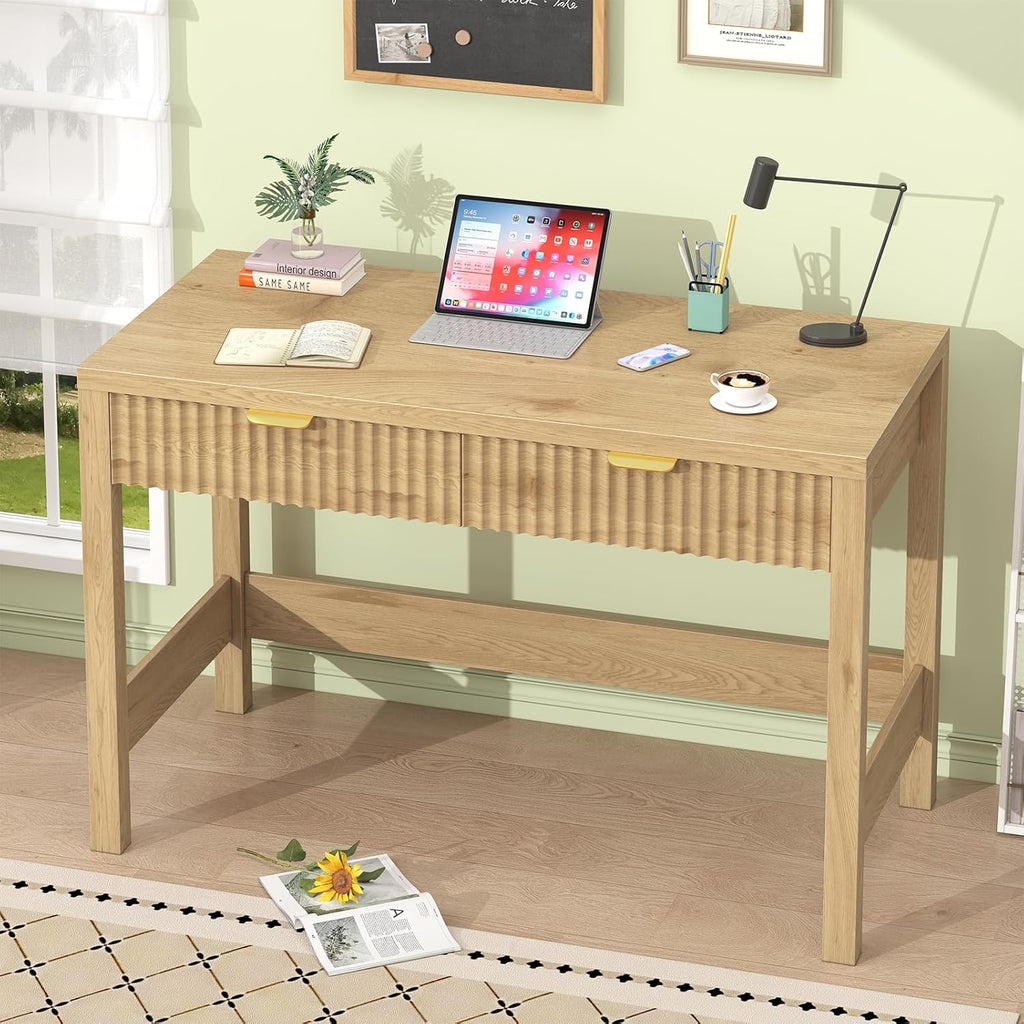 YOMILUVE Fluted Computer Desk with 2 Drawers, 39 Inch Small Computer Desk with Storage, Compact Writing Study Desk for Small Spaces
