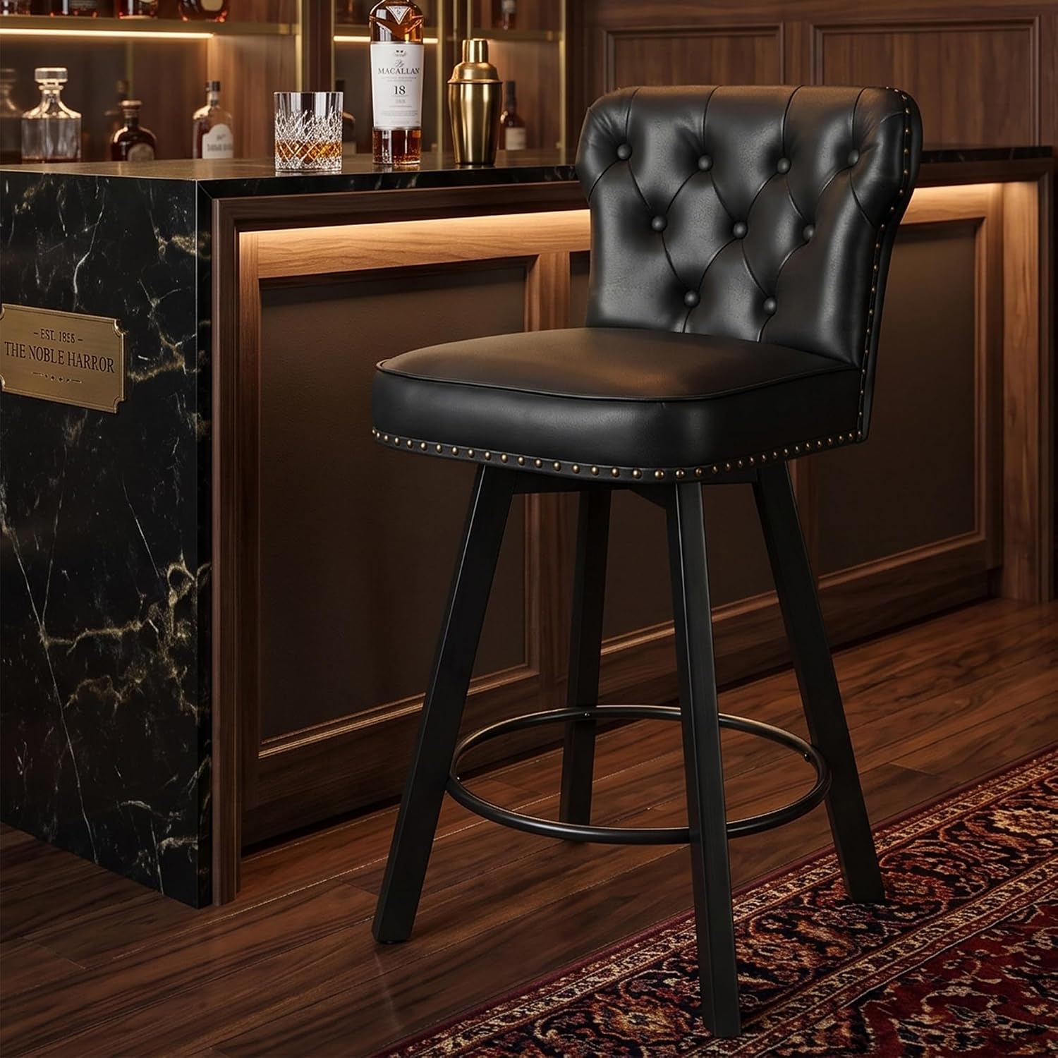 Counter Height Bar Stools Set of 3, 26' Mid-Century Swivel Bar Stool with Metal Base for Kitchen Island, Rivet Armless Faux PU Leather Barstool with High Back and Large Thick Cushion, Black