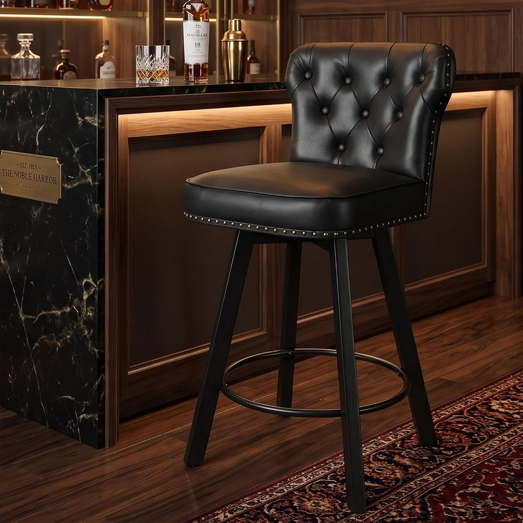 Counter Height Bar Stools Set of 4, Retro Stools for Kitchen, Swivel Bar Stool with Adjustable Metal Base, Rivet Armless PU Leather Barstool with High Back, Thick Wide Seat Cushion(Black)