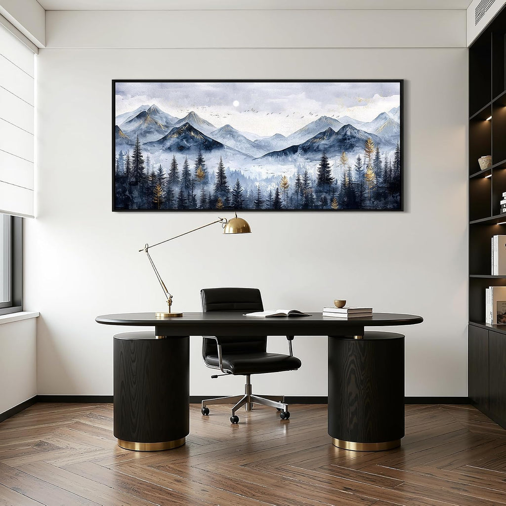 SERIMINO Extra Large Framed Mountain Forest Wall Art, 32'x71', Misty Pine Tree Watercolor in Blue Gold, Nature Scenery Canvas Wall Decor for Living Room, Bedroom, Office Decor